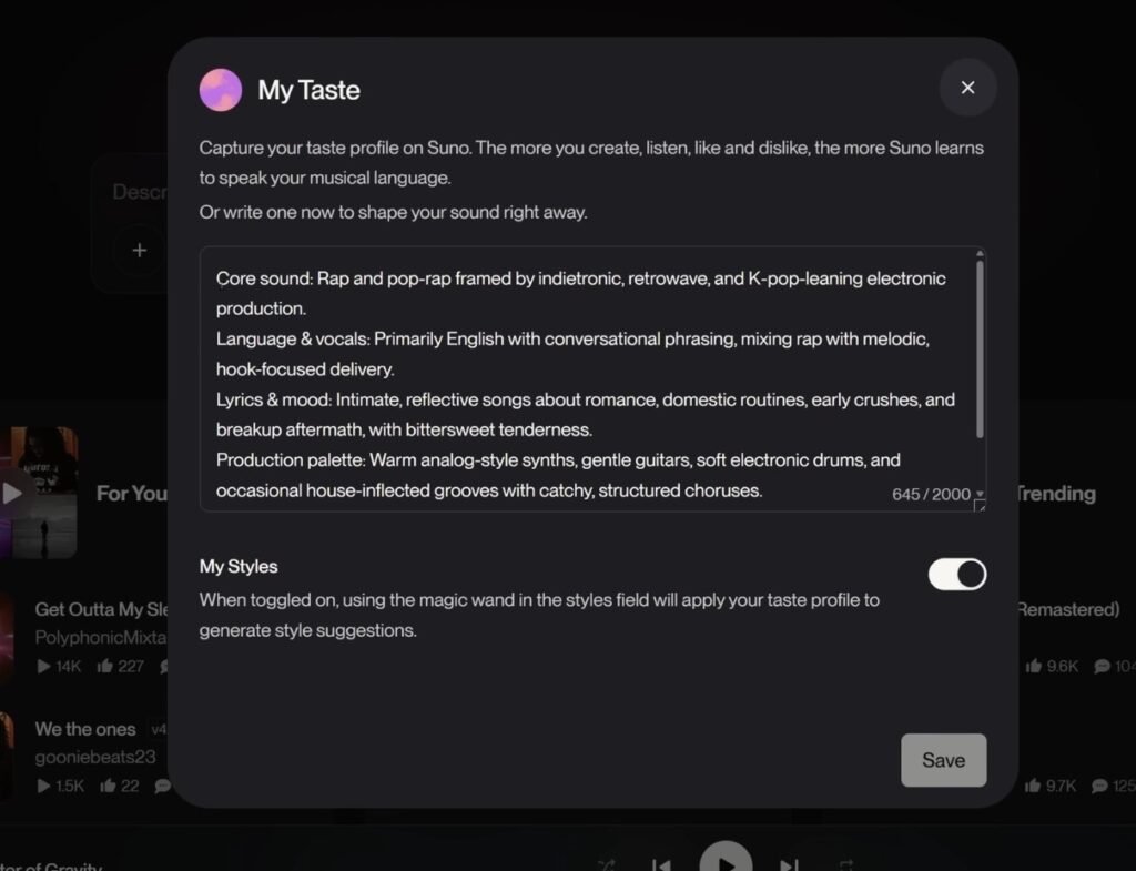 Suno v5.5 My Taste feature screen showing personalized preference learning settings.