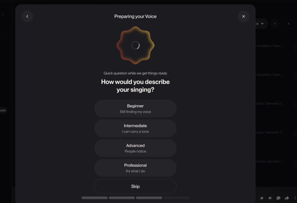 Suno v5.5 voice preparation screen asking users to describe their singing level during processing.