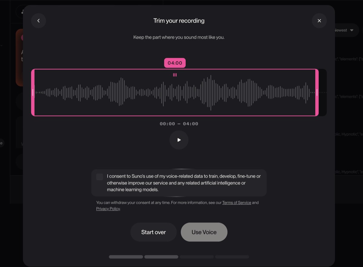 Suno v5.5 Trim your recording screen showing waveform and AI training consent checkbox.