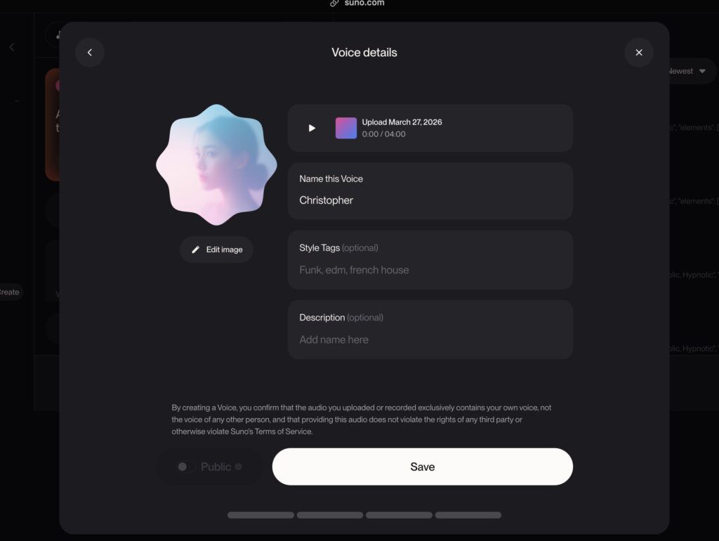 Suno v5.5 Voice details screen with name field showing Christopher and optional style tags.