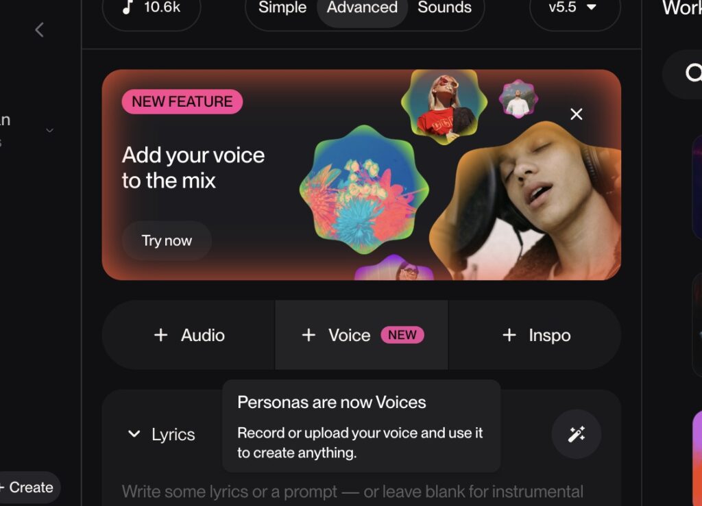 Suno v5.5 create interface showing the new Voice tab and Personas are now Voices tooltip.