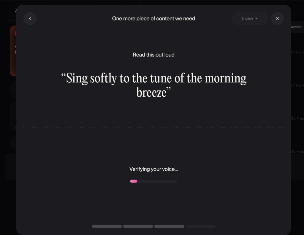 Suno v5.5 voice verification screen asking user to sing a prompt phrase aloud.