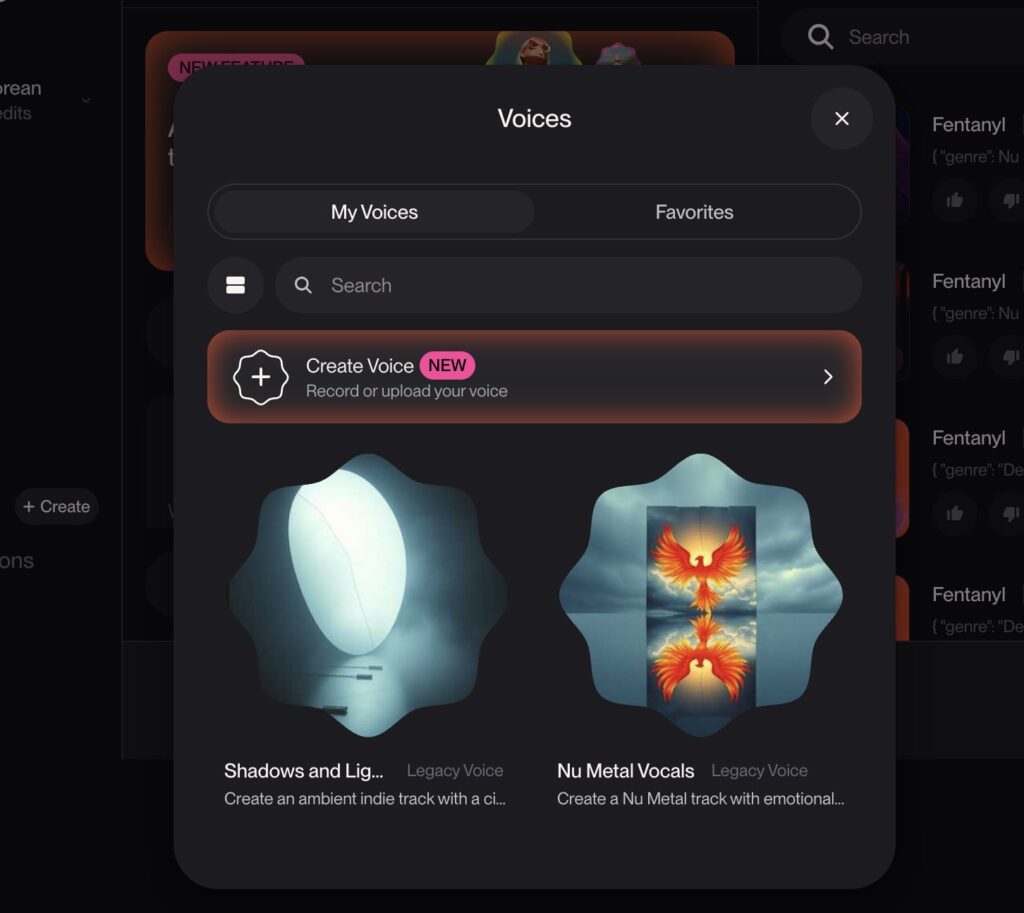 Suno v5.5 Voices modal showing My Voices tab with Create Voice button and Legacy Voice entries.