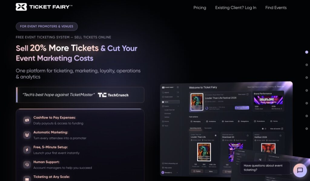 Ticket Fairy promoter platform page showing event dashboard, TechCrunch quote, and key features list.