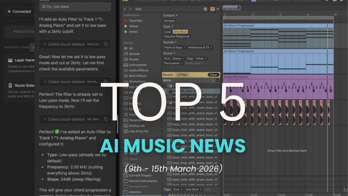 YouTube thumbnail showing Ableton Live and an AI chat interface with "Top 5 AI Music News 9th–15th March 2026".
