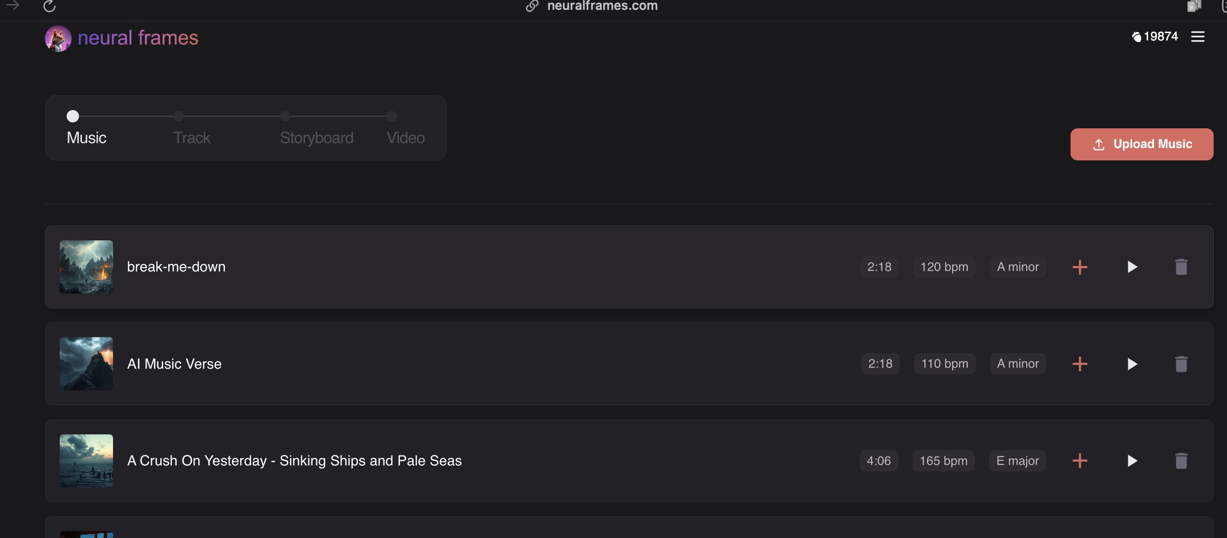 Neural Frames music library showing three uploaded tracks including break-me-down at 120 bpm in A minor.