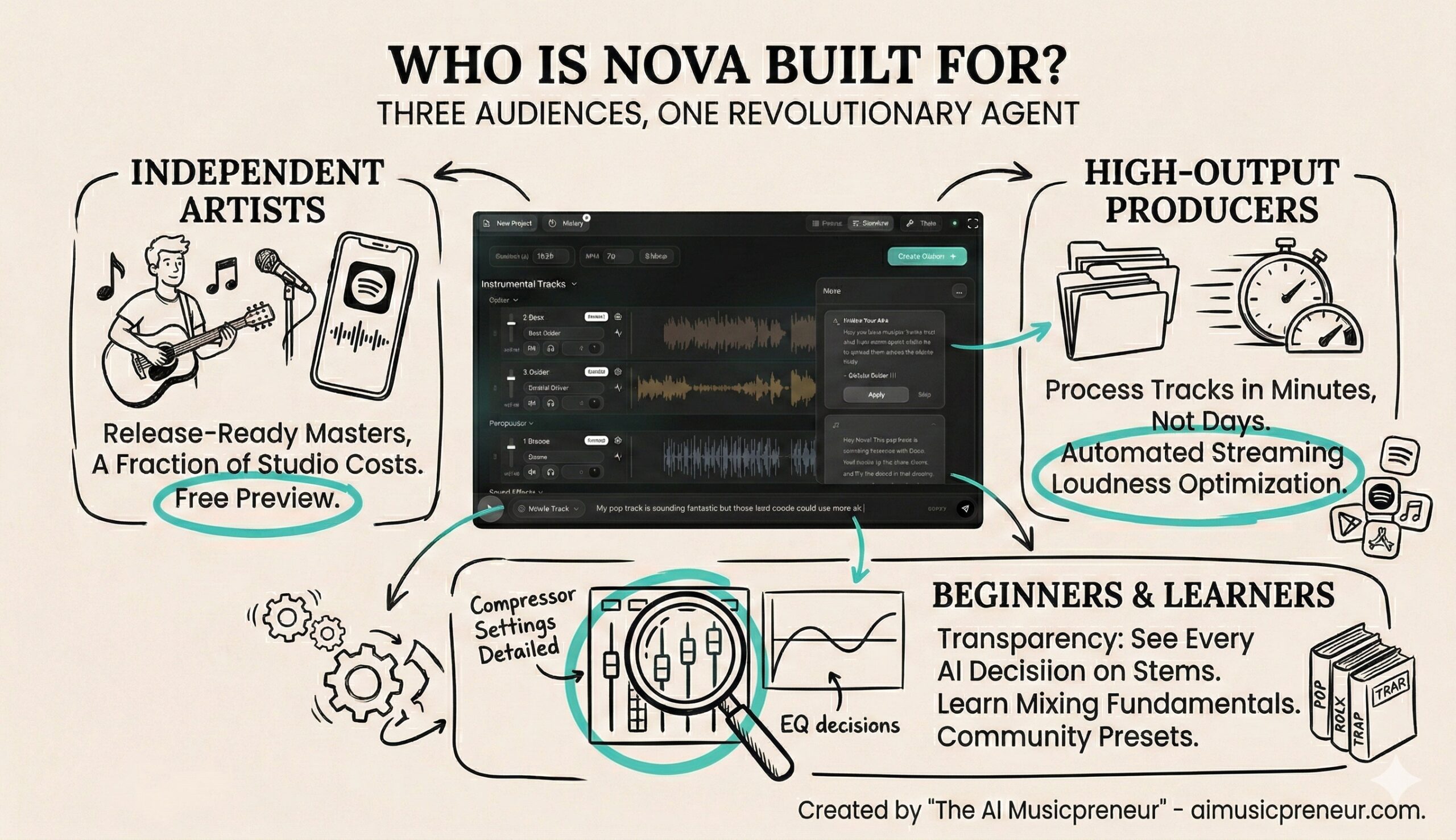 Dark gradient background showing three target user groups for the NOVA AI mixing and mastering tool, designed for independent artists, producers, and music entrepreneurs.