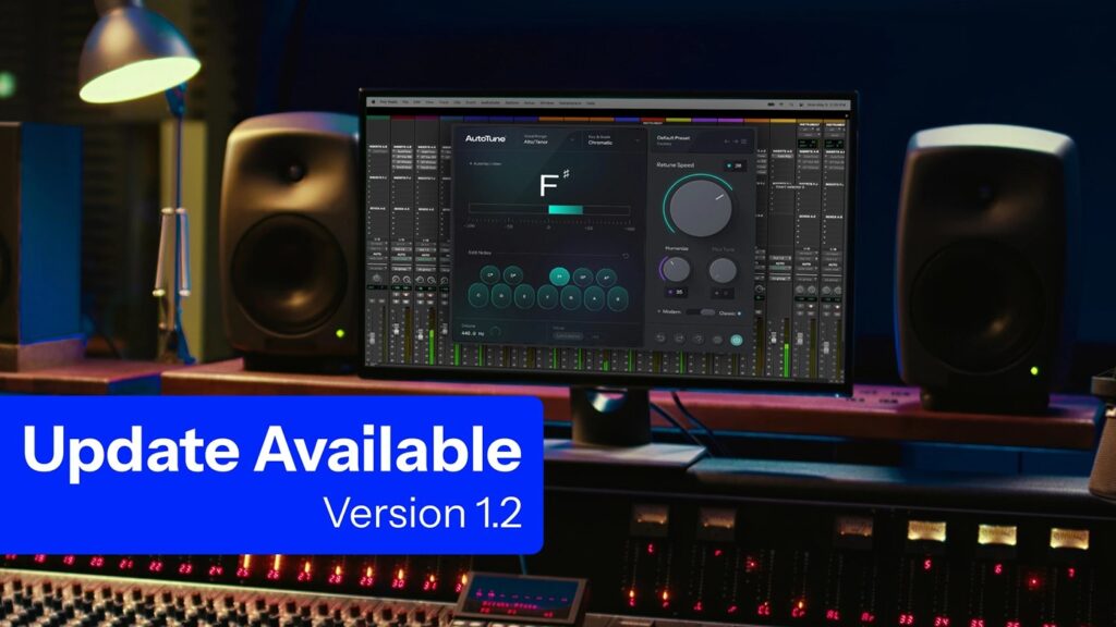 Antares Auto-Tune plugin Version 1.2 update screen on monitor in professional recording studio.