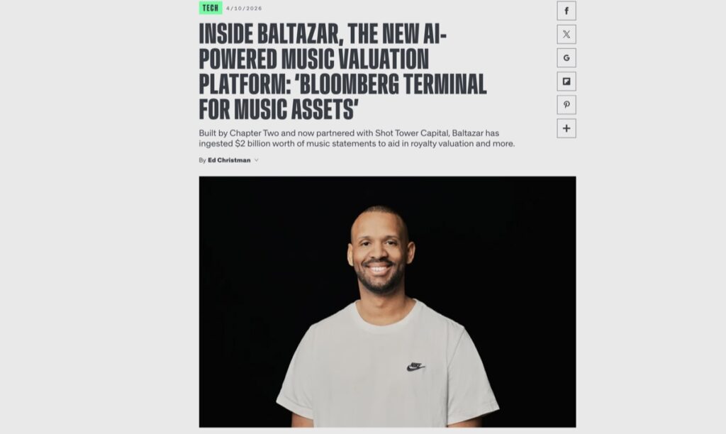 Billboard article screenshot: Inside Baltazar, the AI-powered music valuation platform Bloomberg Terminal for music assets.