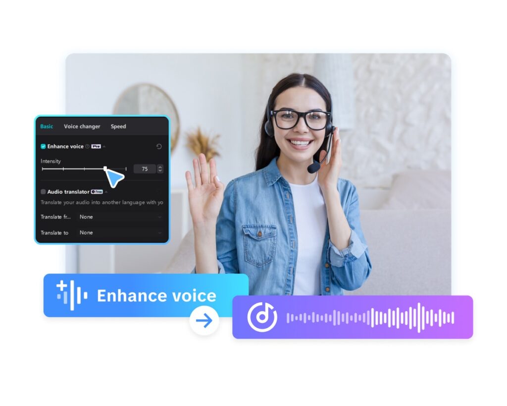 CapCut voice enhancement panel showing enhance voice slider at intensity 75 with audio translator option and waveform output.
