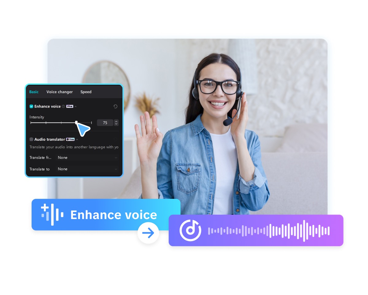 CapCut voice enhancement panel showing enhance voice slider at intensity 75 with audio translator option and waveform output.