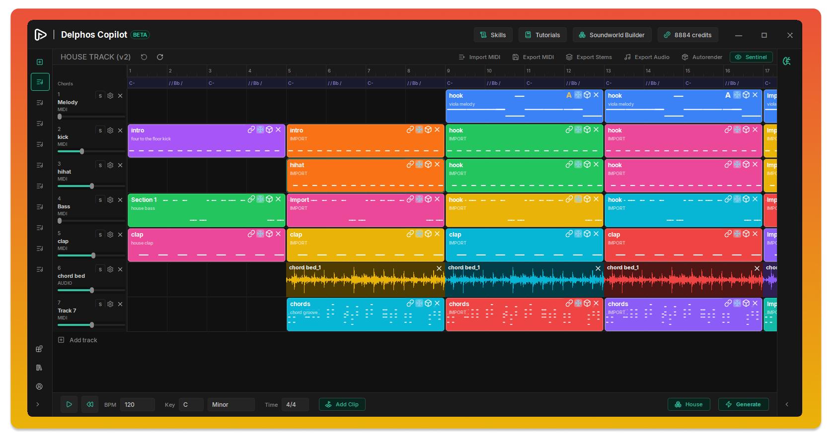 Delphos Copilot DAW interface showing colorful multi-track house music arrangement.