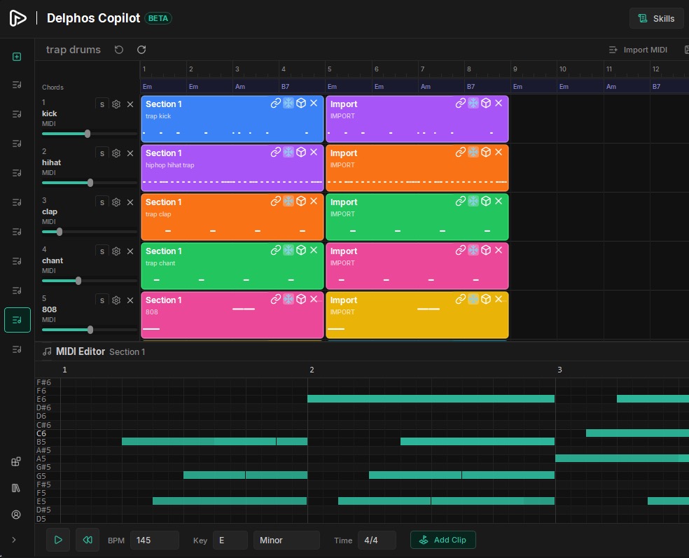 Delphos Copilot trap drums project with five MIDI tracks and the built-in MIDI editor open below the arrangement.