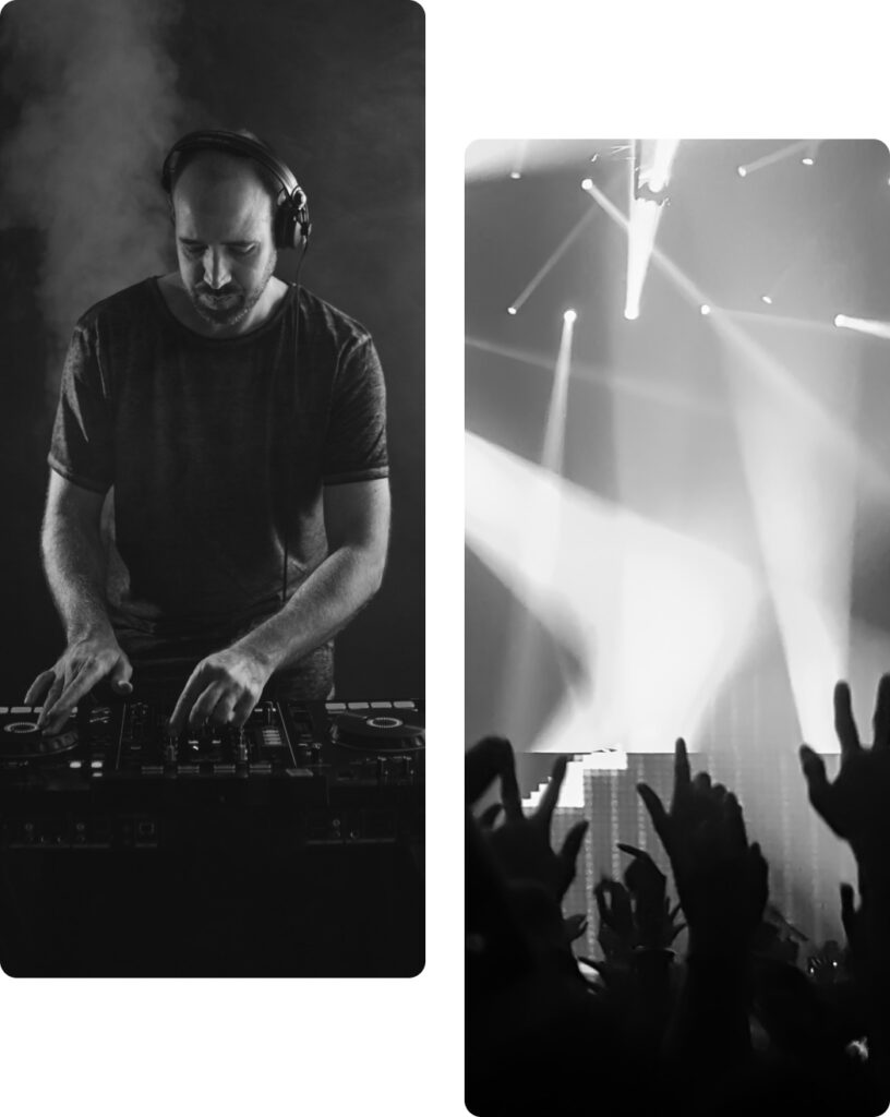 Black-and-white split image of a DJ in headphones mixing on a controller next to a crowd cheering under stage lights.