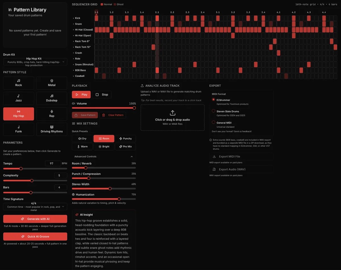 DrumBot AI sequencer grid showing a hip-hop drum pattern with kick, snare, hi-hat and 808 bass tracks.