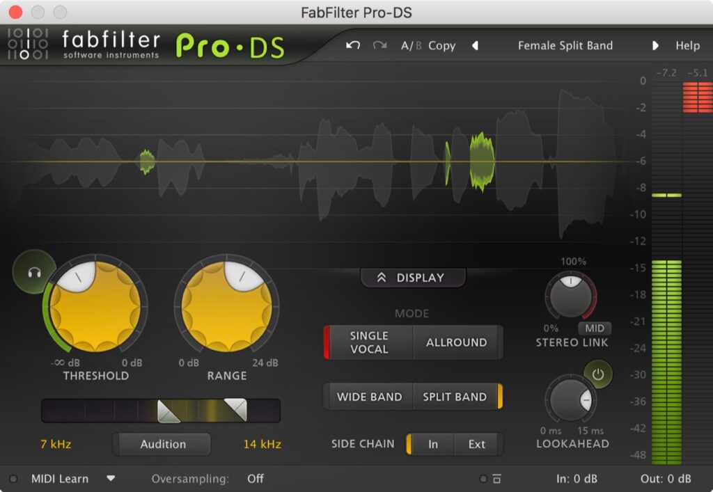 FabFilter Pro-DS de-esser plugin interface with threshold, range controls and split band mode set to Female Split Band preset.