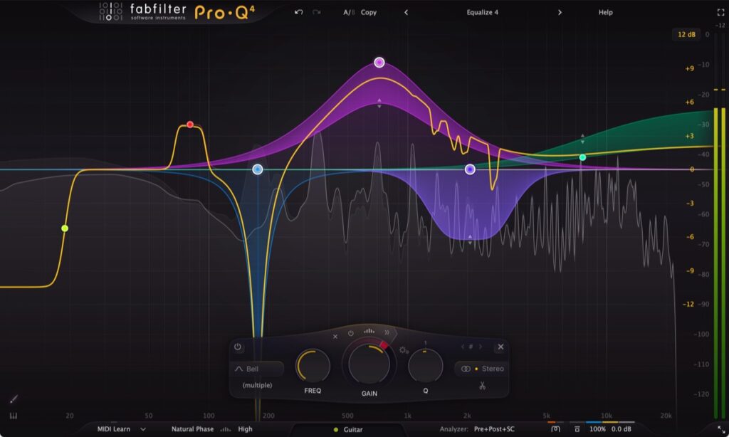FabFilter Pro-Q 4 equalizer plugin with multiple colored EQ bands and spectrum analyzer showing a guitar frequency curve.