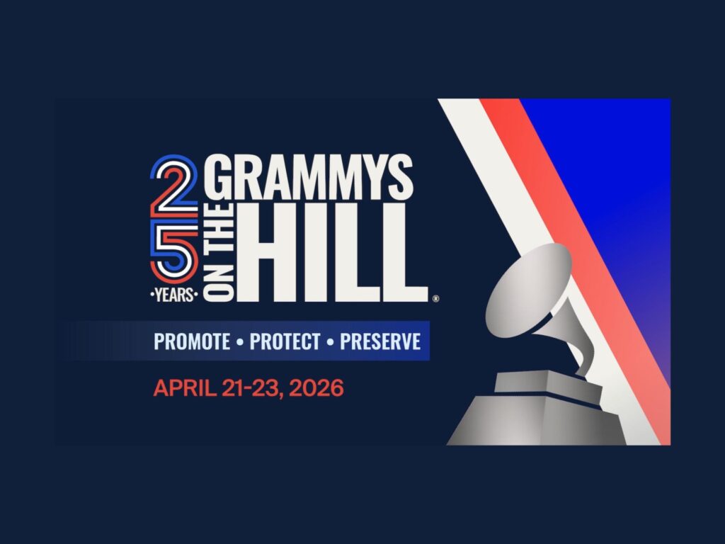 Graphic promoting the 5th Grammys on the Hill event, April 21–23, 2026, with the motto Promote • Protect • Preserve and a stylized trophy on the right