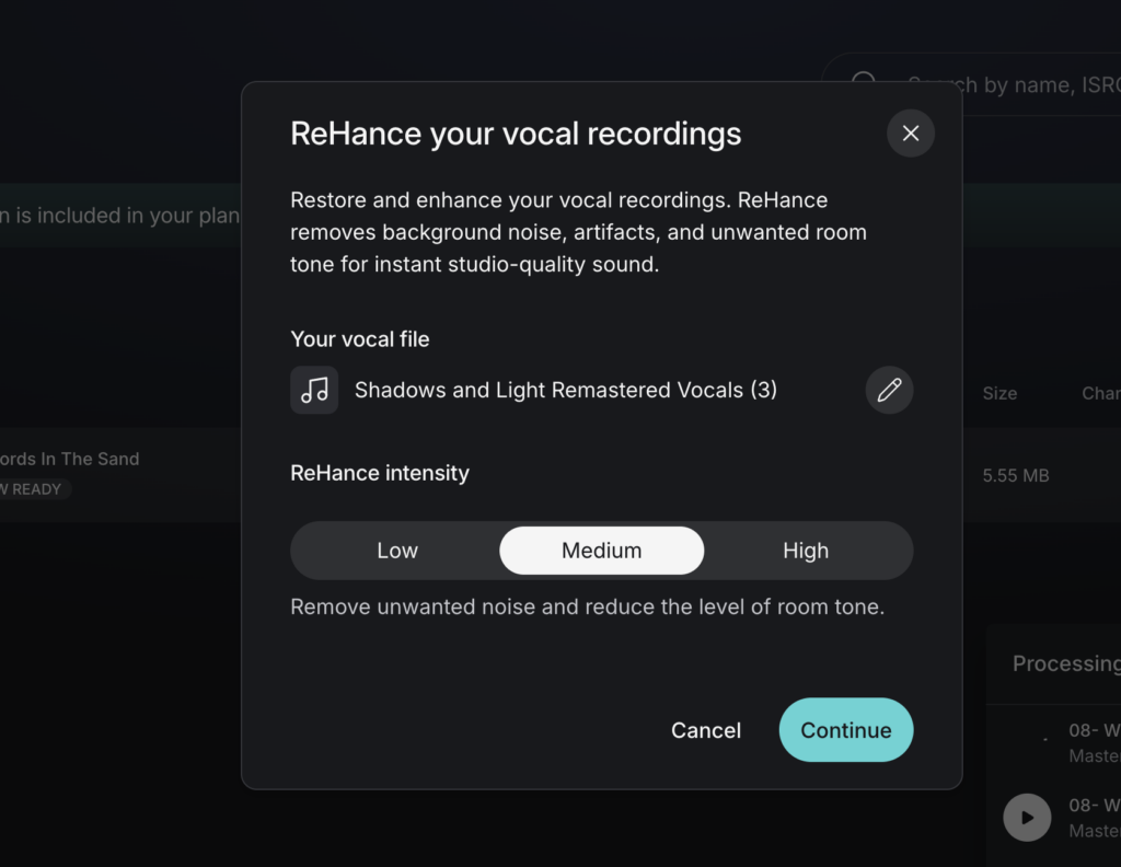 LANDR ReHance vocal enhancer interface showing intensity settings Low, Medium, High.
