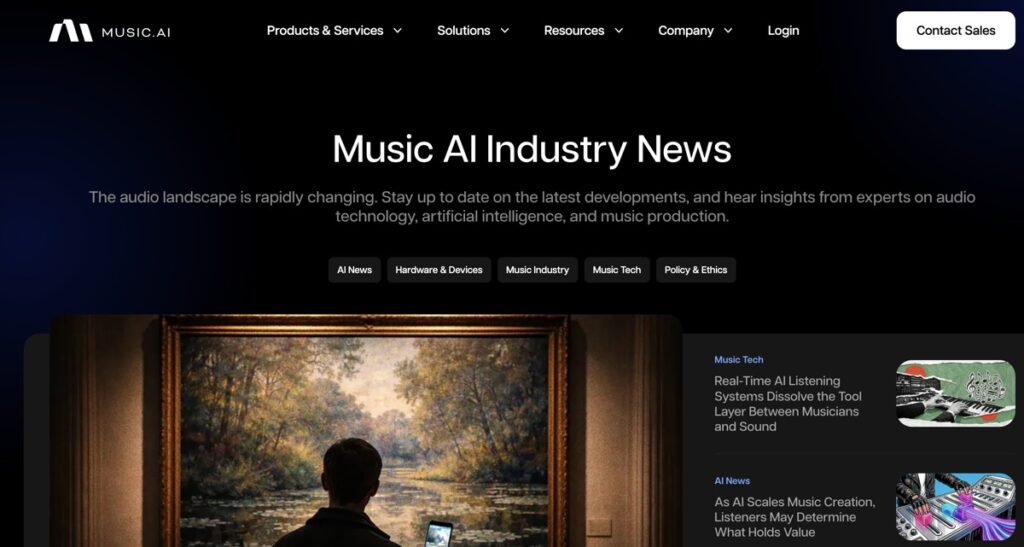 Hero section for Music AI Industry News on a dark gradient background with bold white title text. A large framed painting and a person viewing a tablet appear in the foreground.