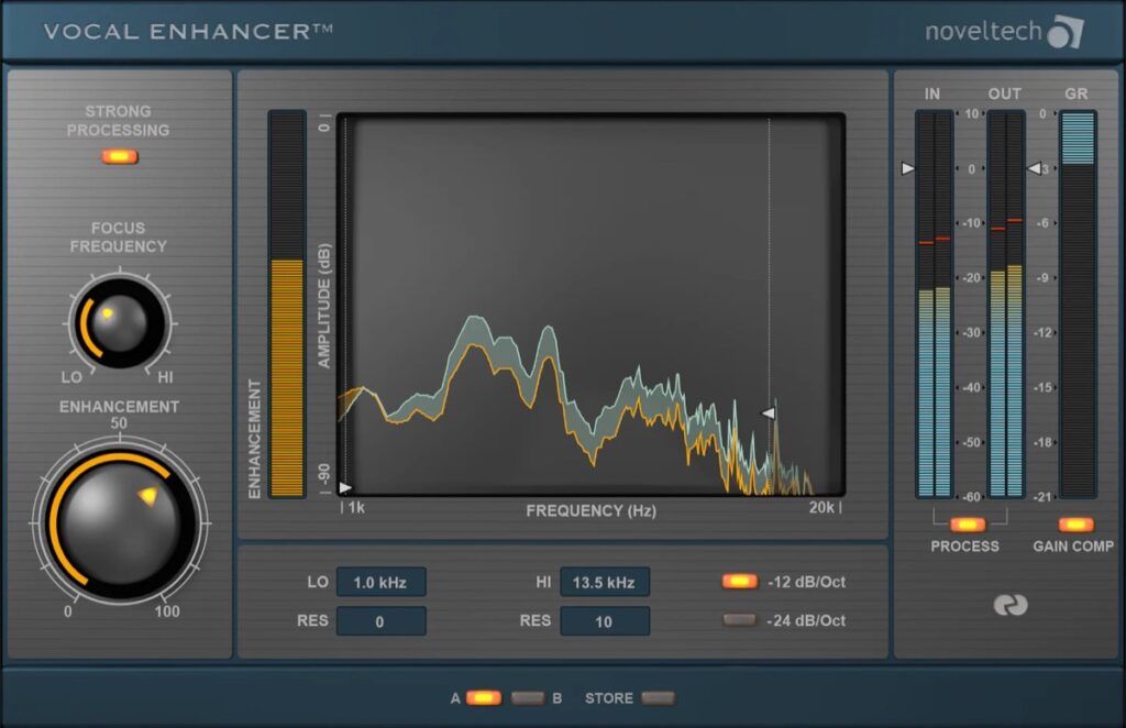 Noveltech Vocal Enhancer plugin showing spectral enhancement curve with focus frequency and enhancement controls.