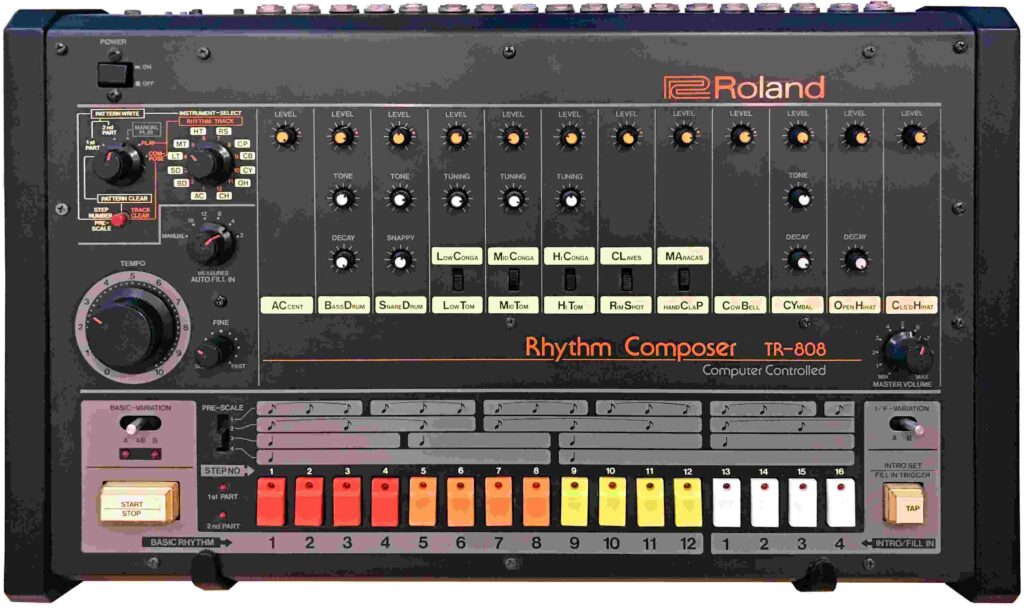 Roland TR-808 Rhythm Composer classic analog drum machine with red and yellow step buttons.