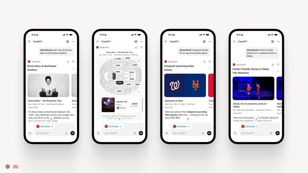 Four smartphone screens showing SeatGeek chatbot results inside ChatGPT for Bruno Mars, Mets, and Dallas shows.