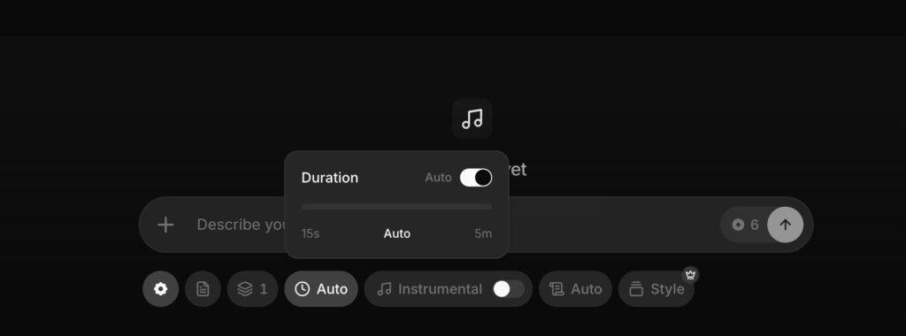 Dark music app UI with a floating Duration settings dialog showing Auto toggle and a slider over a long input bar at the bottom.
