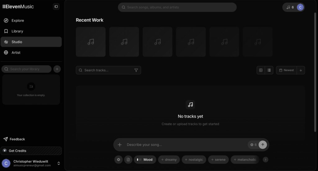 Eleven Music Studio dashboard: left navigation (Explore, Library, Studio, Artist), Recent Work thumbnails, and search bars on a dark UI.