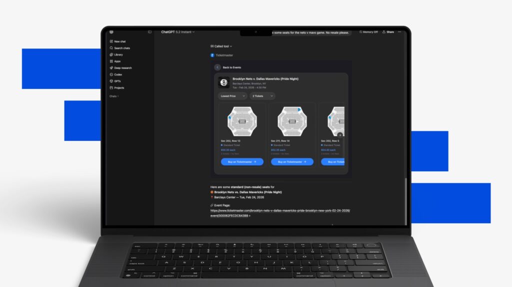 ChatGPT interface showing Ticketmaster integration with Brooklyn Nets vs Dallas Mavericks ticket listings.