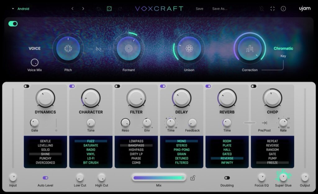 UJAM Voxcraft vocal effects plugin interface with pitch, formant, dynamics, character, filter, delay, reverb, and chop modules.