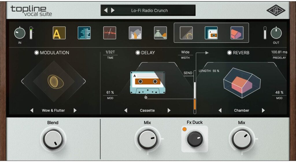 Universal Audio Topline Vocal Suite plugin interface showing tuner, key finder, and pitch/formant shift modules.