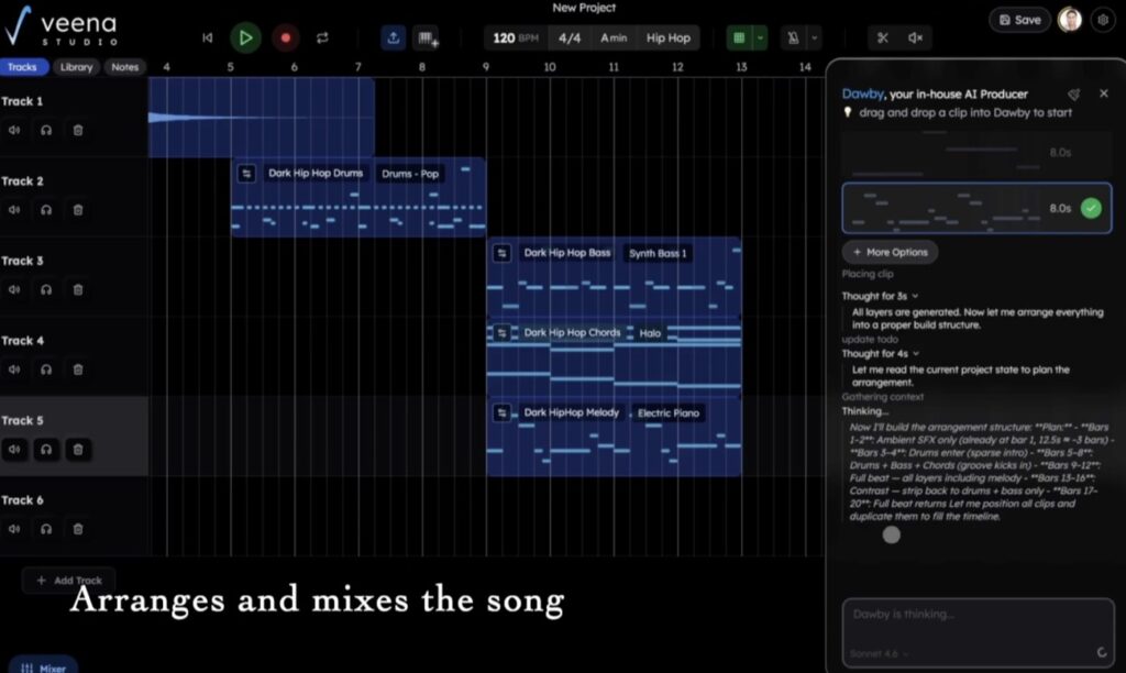 Veena Studio browser DAW showing AI CoProducer arranging a 5-track hip hop project.