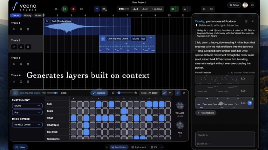 Veena Studio browser DAW with CoProducer generating a dark hip hop bass line and beat maker open.