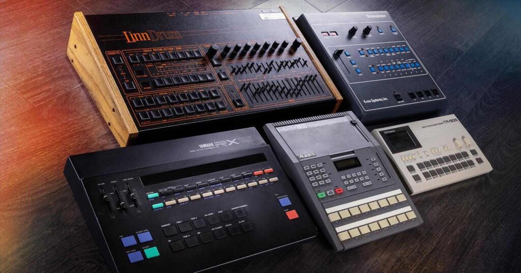 Five classic vintage drum machines including LinnDrum, Drumulator, Yamaha RX15, Alesis HR-16, and Roland TR-505.
