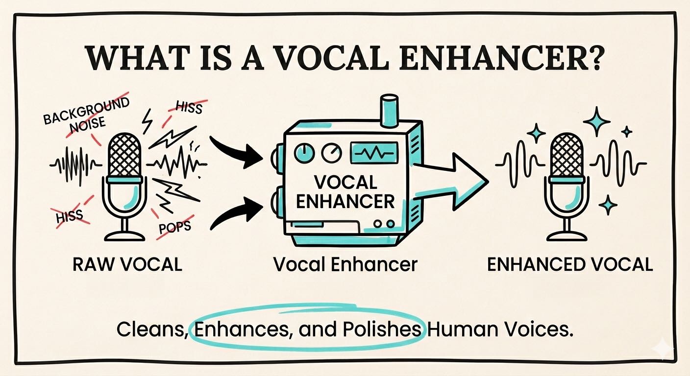 Diagram showing raw vocal with background noise and hiss passing through a vocal enhancer to produce a clean enhanced vocal.