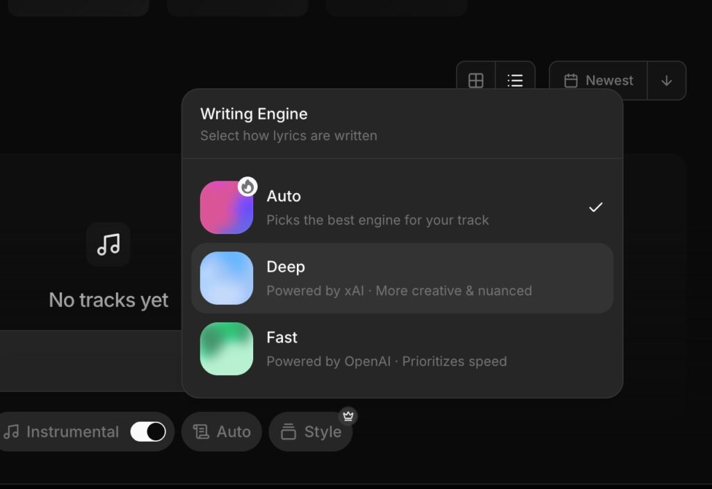 Dialog titled 'Writing Engine' with Auto selected and options Deep and Fast in a dark music app UI; background shows 'No tracks yet' and bottom controls.