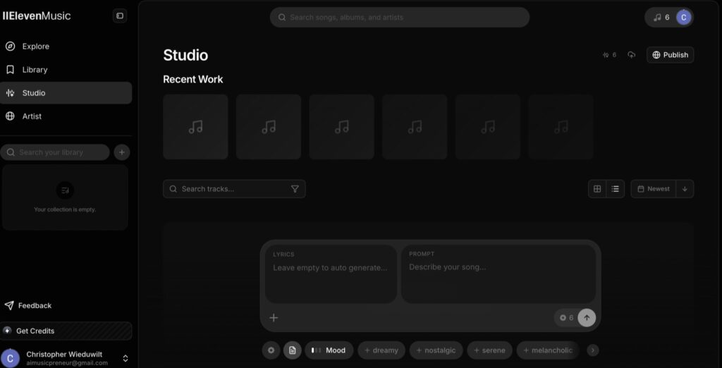 Dark-mode music studio dashboard showing 'Studio' with 'Recent Work' thumbnails, search bars, and mood chips; left navigation rail with Explore, Library, Studio, Artist.