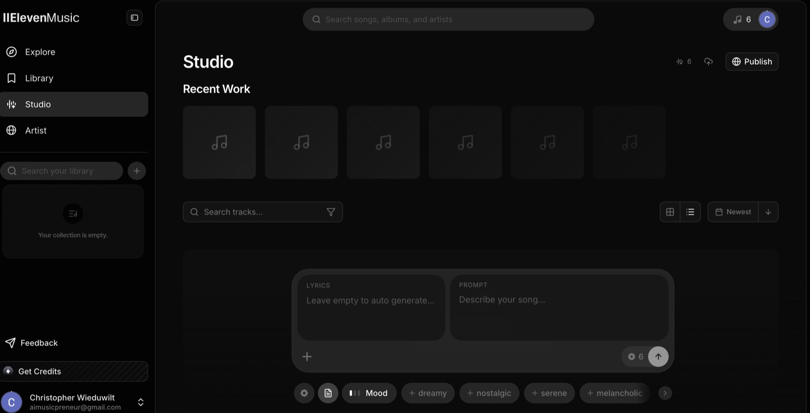 Dark-mode music studio dashboard showing Studio with Recent Work thumbnails, search bars, and mood chips; left navigation rail with Explore, Library, Studio, Artist.