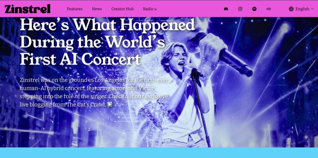 Hero banner announcing the article: 'Here’s What Happened During the World’s First AI Concert' with a singer on stage under blue lighting in concert imagery.