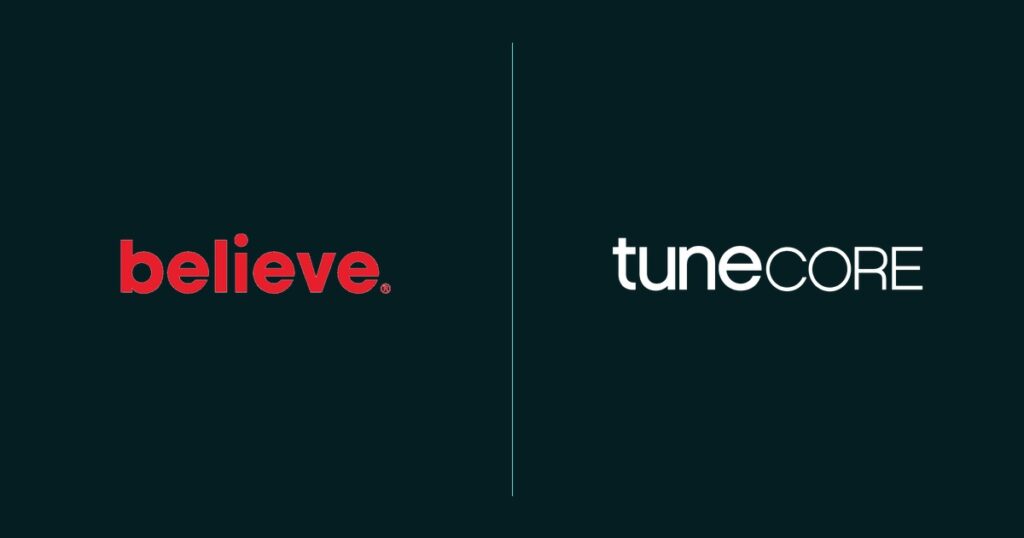 Believe and TuneCore logos displayed side by side on a dark teal background.