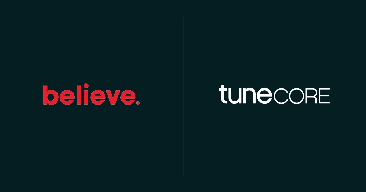 Believe and TuneCore logos displayed side by side on a dark teal background.