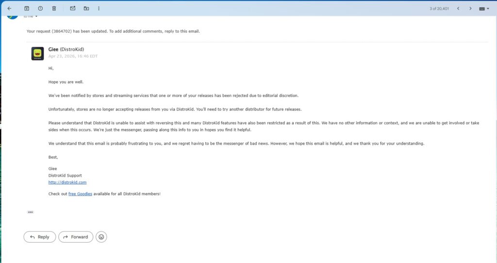 DistroKid support email notifying an artist that stores are no longer accepting their releases due to editorial discretion