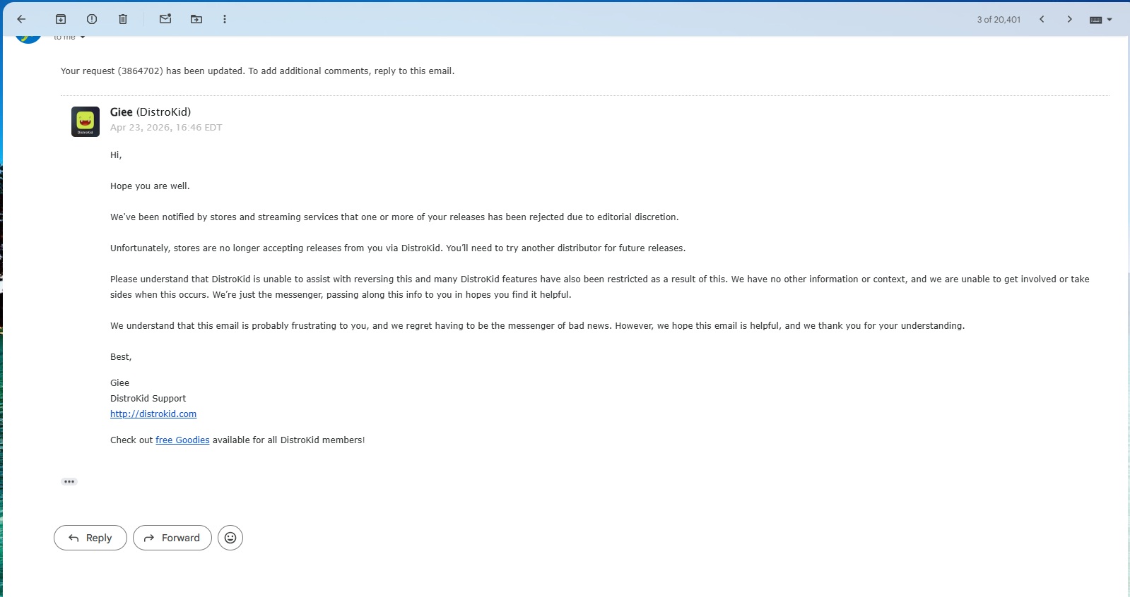 DistroKid support email notifying an artist that stores are no longer accepting their releases due to editorial discretion