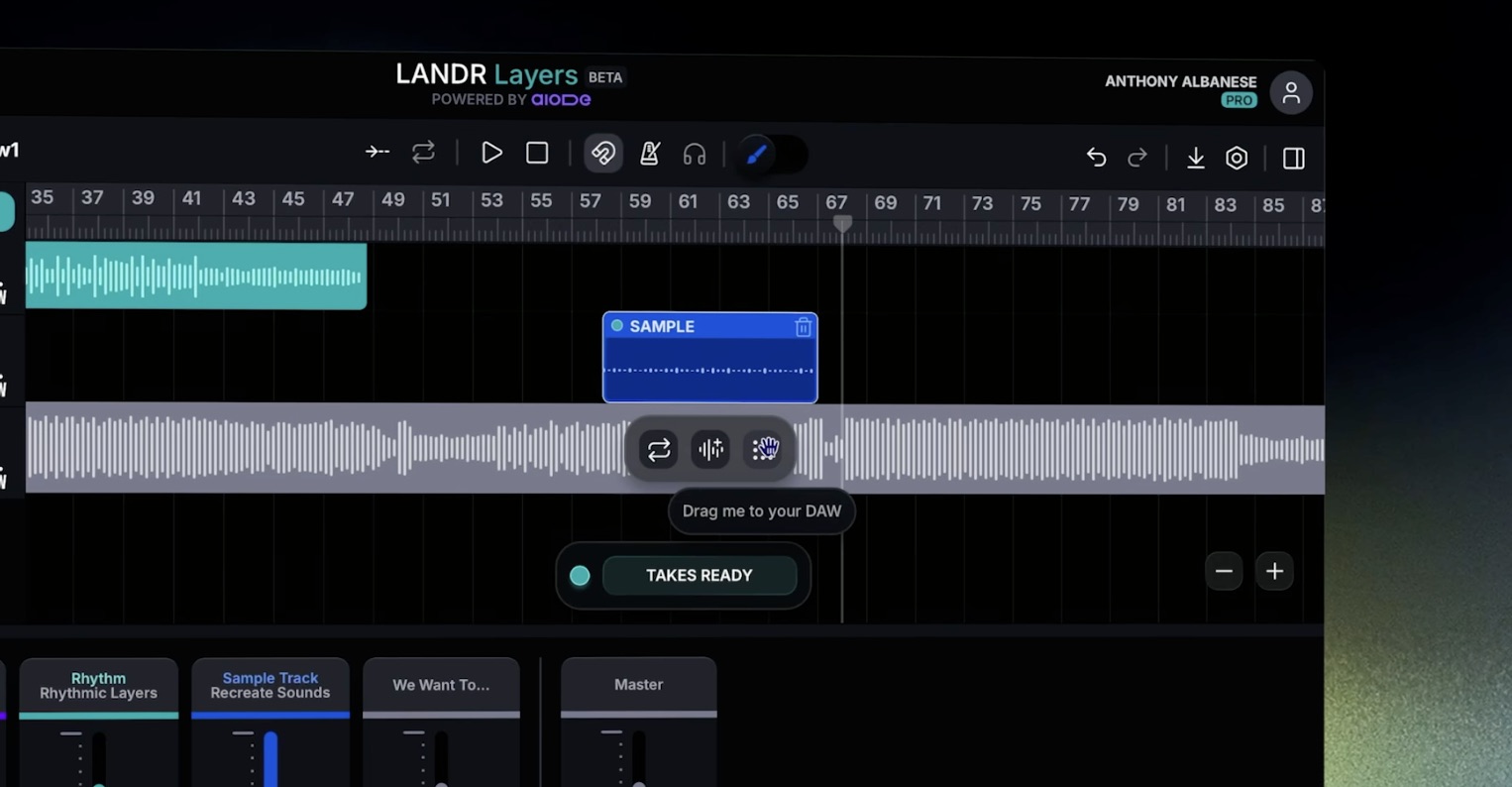 LANDR Layers timeline showing a SAMPLE region with Drag me to your DAW tooltip and Takes Ready status.