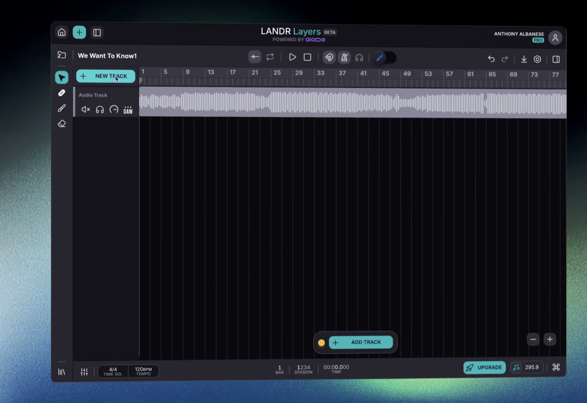 LANDR Layers empty timeline with one audio track imported and Add Track button visible.