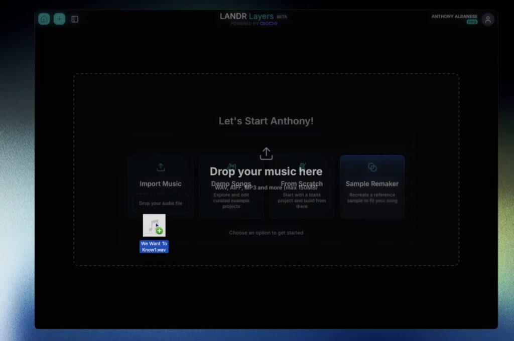 LANDR Layers start screen with Drop your music here overlay active for audio file import.