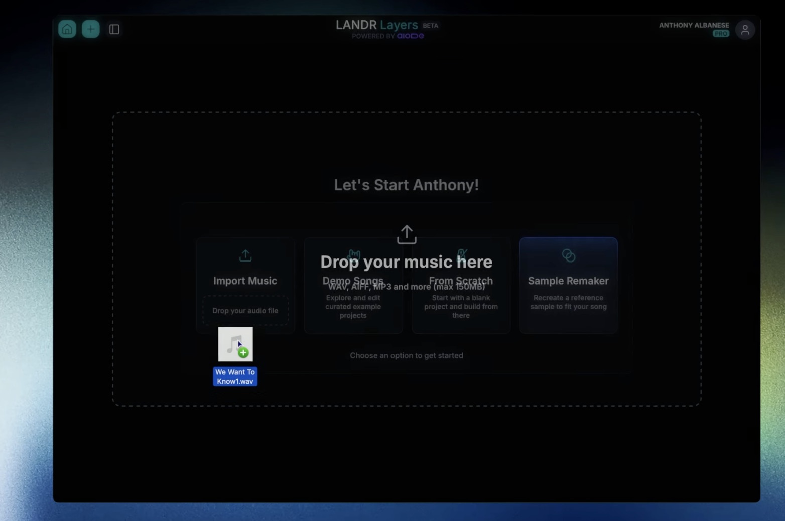 LANDR Layers start screen with Drop your music here overlay active for audio file import.