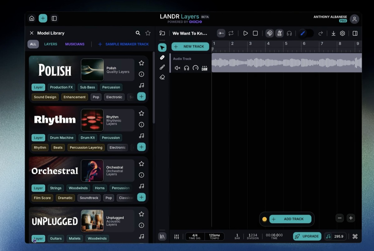LANDR Layers model library panel open with Polish, Rhythm and Orchestral ai instrumental generator models listed.