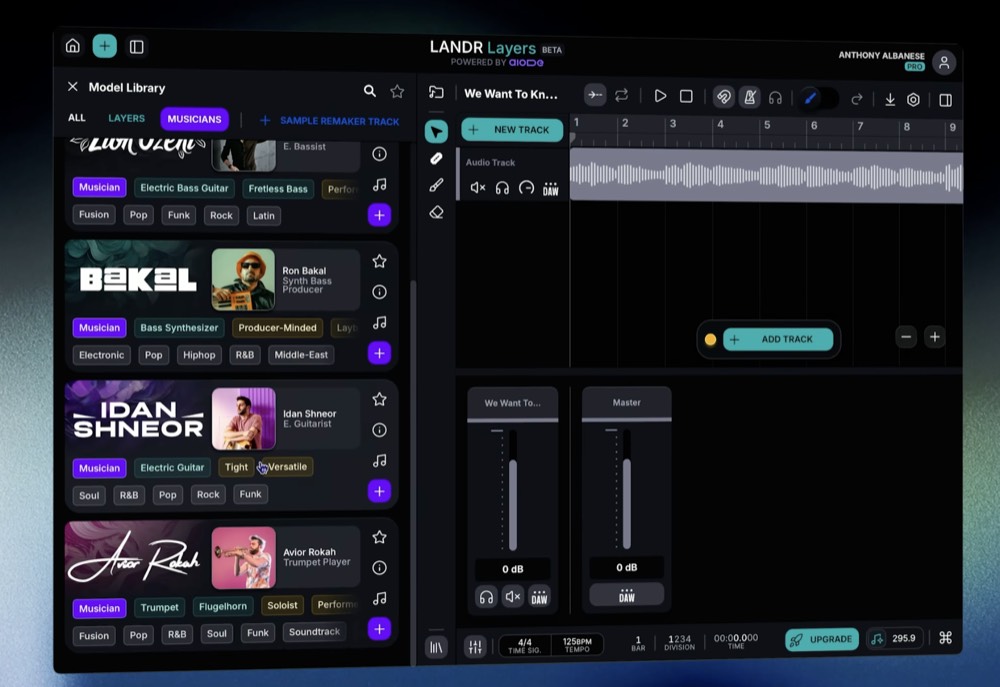 LANDR Layers model library Musicians tab showing Bakal, Idan Shneor and Avior Rokah musician cards.